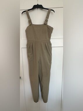 Fun & Flirt Khaki Adjustable-Strap Cropped Jumpsuit, Size Medium